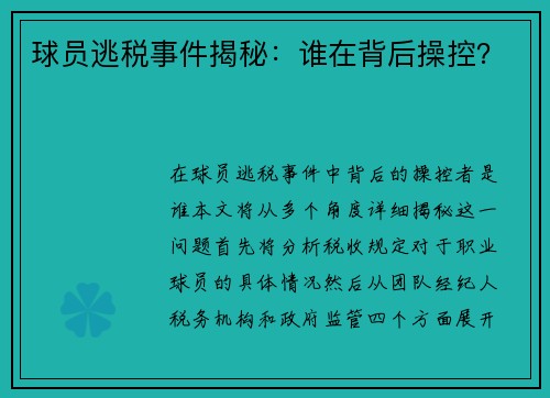 球员逃税事件揭秘：谁在背后操控？